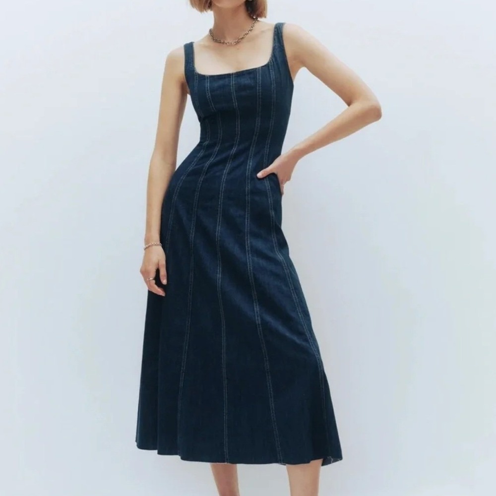 Reformation Amory Denim Midi Dress 10 Blue Dark Wash Sustainable Cottagecore - Picture 2 of 14